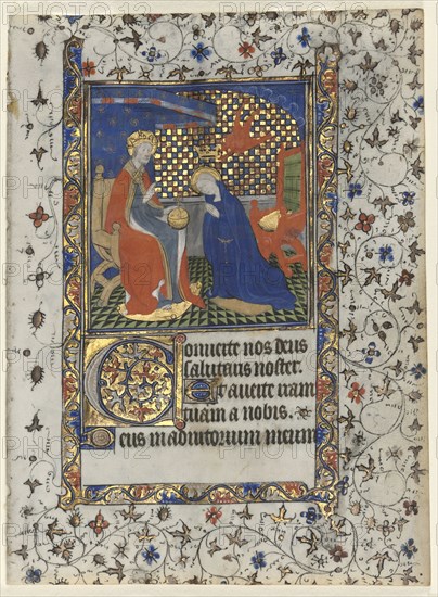 Bifolio from a Book of Hours: Coronation of the Virgin, c. 1415. Workshop of Boucicaut Master (French, Paris, active about 1410-25). Ink, tempera, and gold on vellum; folio: 17 x 12.5 cm (6 11/16 x 4 15/16 in.)