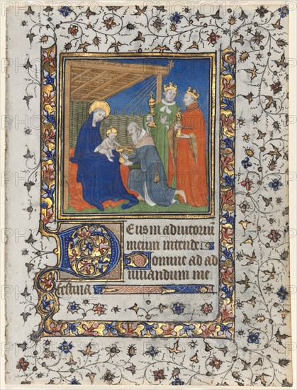 Bifolio from a Book of Hours: Adoration of the Magi and Coronation of the Virgin, c. 1415. Workshop of Boucicaut Master (French, Paris, active about 1410-25). Ink, tempera, and gold on vellum; folio: 16.8 x 12.7 cm (6 5/8 x 5 in.)