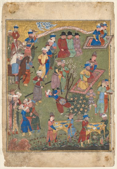 Royal Feast in a Garden, left folio from the double-page frontispiece of a Shahnama (Book of Kings) of Firdausi (940–1019 or 1025), c. 1440. Iran, Shiraz, Timurid period (1370-1501). Opaque watercolor, ink, gold and silver on paper; recto image: 26.1 x 20.7 cm (10 1/4 x 8 1/8 in.); overall: 32.7 x 22 cm (12 7/8 x 8 11/16 in.).