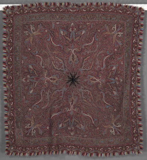 Shawl, 1870s - 1880s. India, Kashmir, late 19th century. Embroidery, large pieced areas: wool; overall: 179.7 x 193 cm (70 3/4 x 76 in.)