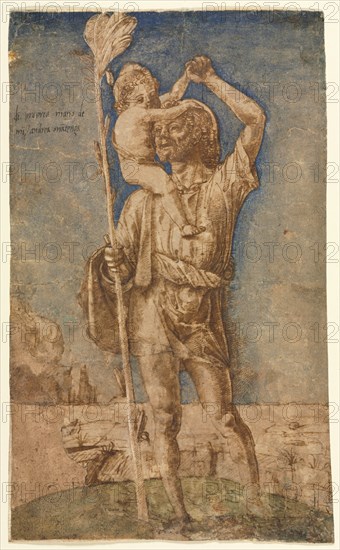 Saint Christopher, c.1500. Andrea Mantegna (Italian, 1431-1506). Pen and brown ink and blue gouache with brush and green wash and traces of orange gouache, heightened with white gouache; sheet: 28.6 x 17.4 cm (11 1/4 x 6 7/8 in.); secondary support: 28.7 x 17.6 cm (11 5/16 x 6 15/16 in.).