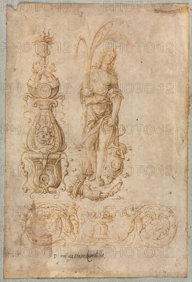 Design for a Candelabrum, Allegorical Figure of Abundance, Ornamental Relief Design, c. 1490s. Bernardo Parentino (Italian). Pen and brown ink; sheet: 25.4 x 17.1 cm (10 x 6 3/4 in.); secondary support: 31.5 x 20.5 cm (12 3/8 x 8 1/16 in.).