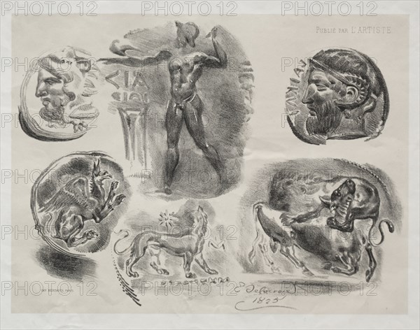 Sheet with Six Antique Medals, 1825. Eugène Delacroix (French, 1798-1863), Bertauts. Lithograph with beige tint stone; sheet: 27.5 x 36 cm (10 13/16 x 14 3/16 in.); image: 20 x 25.8 cm (7 7/8 x 10 3/16 in.)