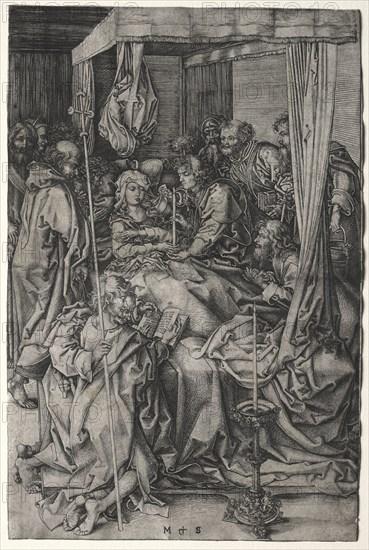 The Death of the Virgin. Martin Schongauer (German, c.1450-1491). Engraving; sheet: 25.5 x 16.9 cm (10 1/16 x 6 5/8 in.)