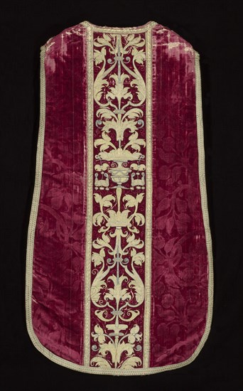 Chasuble, late 1600s. Spain, late 16th century. Silk, velvet, embroidery on orphery metallic thread, or nue; overall: 114.3 x 62.2 cm (45 x 24 1/2 in.)