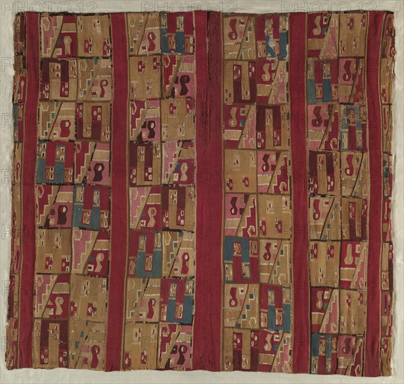 Tunic, c. 700-1100. Peru, South Coast, Wari Culture, Middle Horizon, 8th-12th Century. Tapestry; interlocked wefts and areas of eccentric weaving: wool and cotton; average: 109.2 x 115.6 cm (43 x 45 1/2 in.)