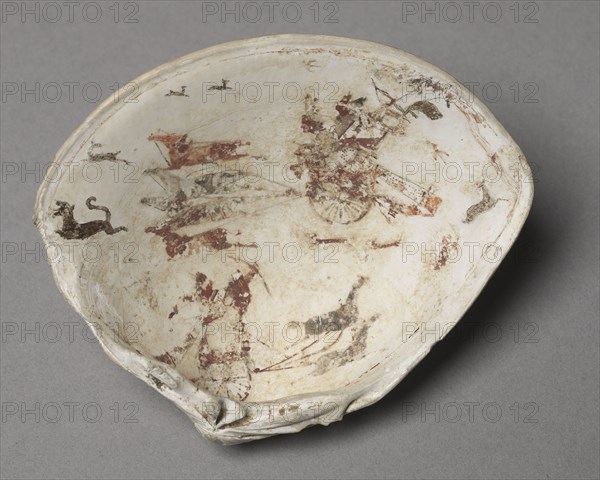 The Hunt, 300-100 BC. China, late Warring States period (475-221 BC) to Western Han dynasty (202 BC-AD 9). Painted clamshell; overall: 7.5 x 9 cm (2 15/16 x 3 9/16 in.).