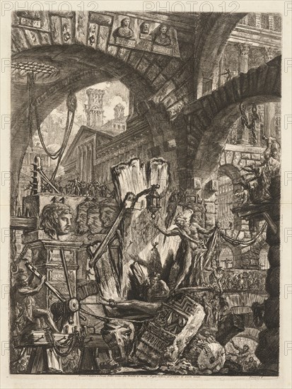 The Prisons:  An Architectural Medly, with a Man on the Rock in the Foreground, 1745-50. Giovanni Battista Piranesi (Italian, 1720-1778). Etching