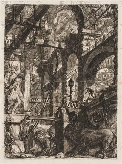 The Prisons:  A Perspective of Roman Arches, with Two Lions Carved in Relief on Stone Slabs in the Foreground, 1745-50. Giovanni Battista Piranesi (Italian, 1720-1778). Etching