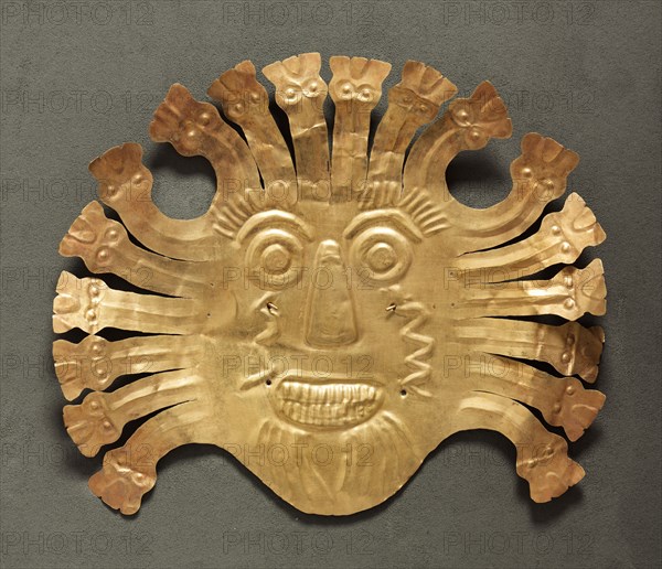 Mask, 100 BC-700. Peru, South Coast, Nasca style (100 BC-AD 700). Hammered gold alloy; overall: 18.4 x 21.8 cm (7 1/4 x 8 9/16 in.).