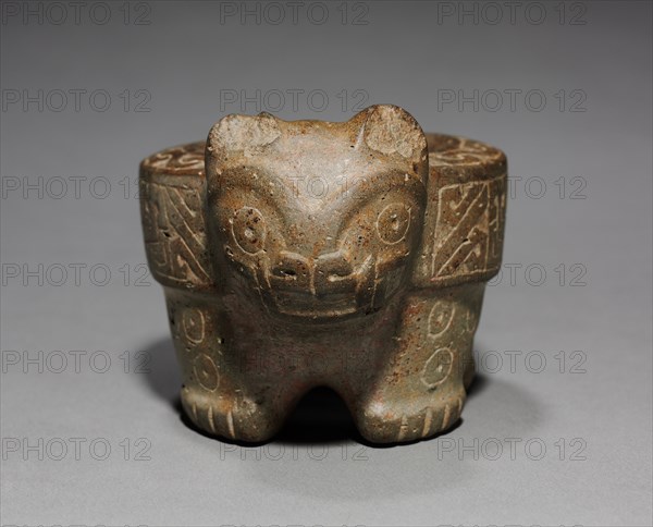 Feline Mortar, 700 BC-1. Peru, North Highlands, Pacopampa(?), Chavín style (1000-200 BC). Stone, pigment; overall: 5.8 x 11 cm (2 5/16 x 4 5/16 in.).