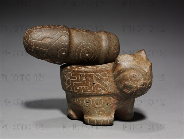 Feline Mortar and Pestle, 700 BC-1. Peru, North Highlands, Pacopampa(?), Chavín style (1000-200 BC). Stone, pigment; overall: 5.8 x 11 cm (2 5/16 x 4 5/16 in.).