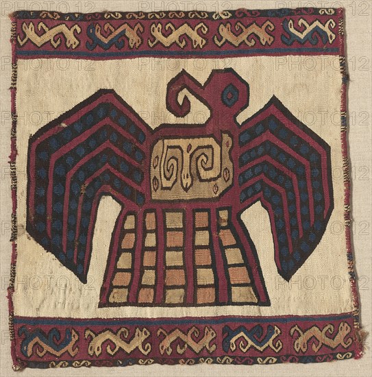 Tapestry Square Panel, c. 700-1100. Peru, South Coast, Wari Culture, Middle Horizon, 8th-12th Century. Tapestry with interlocked wefts: wool and cotton; average: 39.4 x 38.1 cm (15 1/2 x 15 in.)