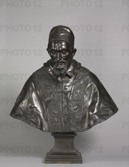 Portrait of Pope Innocent X Pamphili, designed 1647-1648; cast 1650-1700. Alessandro Algardi (Italian, 1598-1654). Bronze; overall: 97 x 81 x 29 cm (38 3/16 x 31 7/8 x 11 7/16 in.); base: 23.5 x 27.1 cm (9 1/4 x 10 11/16 in.); without base: 78.1 x 81.6 cm (30 3/4 x 32 1/8 in.).