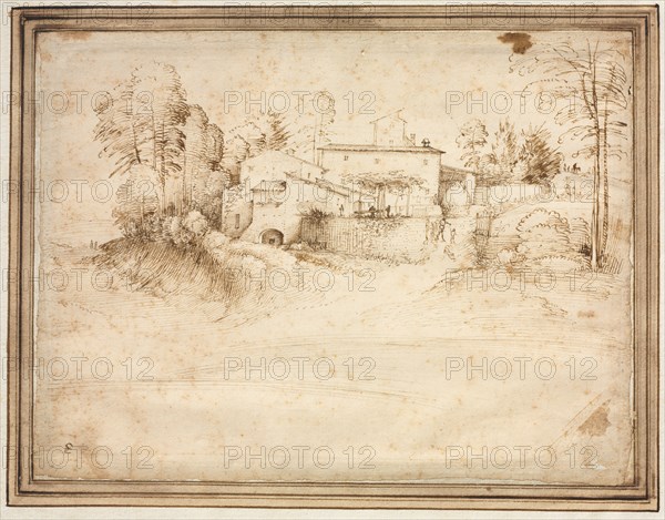 Farmhouse on the Slope of a Hill, c. 1508. Fra Bartolommeo (Italian, 1472-1517). Pen and brown ink; sheet: 22.3 x 29.4 cm (8 3/4 x 11 9/16 in.); secondary support: 27.5 x 41.2 cm (10 13/16 x 16 1/4 in.).