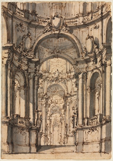 Design for a Stage Set: Interior of a Palace with Arcades, mid 1700s. Giovanni Battista III Natali (Italian, 1698-1765). Pen and brown ink and brush and gray wash over graphite(?); sheet: 15 x 10.5 cm (5 7/8 x 4 1/8 in.).