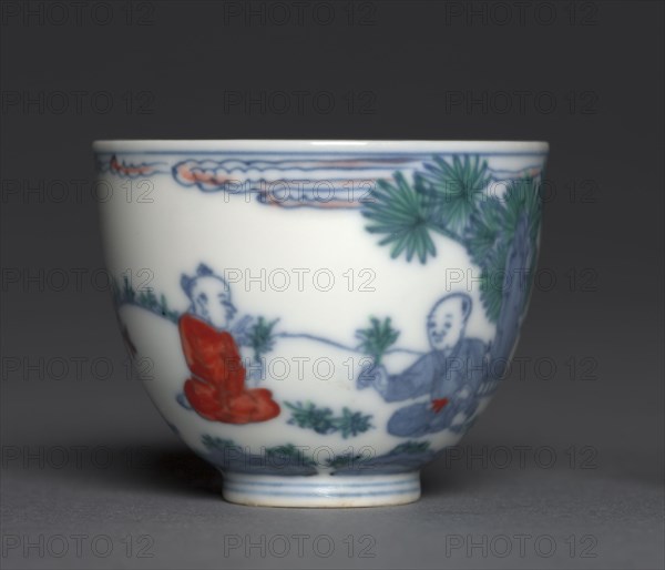 Wine Cup with Children at Play, 1465-1487. China, Jiangxi province, Jingdezhen, Ming dynasty (1368-1644), Chenghua mark and period (1465-1487). Porcelain with underglaze blue and overglaze enamel decoration, docai ("joined colors") ware; overall: 4.8 cm (1 7/8 in.).