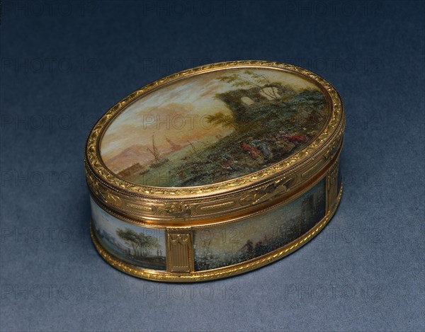 Snuff Box (Tabatière), 1768-1769; 1776-1778. Pierre-Nicholas Pleyard (French). Gouache miniatures mounted on gold; overall: 2.6 x 5.3 cm (1 x 2 1/16 in.).