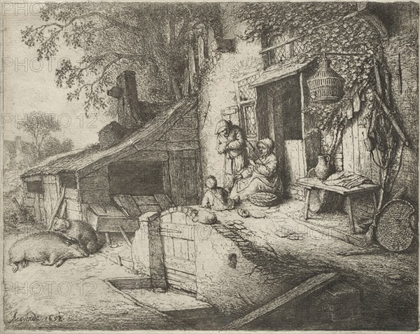 The Woman Spinning. Adriaen van Ostade (Dutch, 1610-1684). Etching