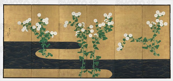 Chrysanthemums by a Stream, late 1700s-early 1800s. Follower of Ogata Korin (Japanese, 1658-1716). One of a pair of six-panel folding screens; ink and color on gilded paper; image: 163.2 x 369.9 cm (64 1/4 x 145 5/8 in.).