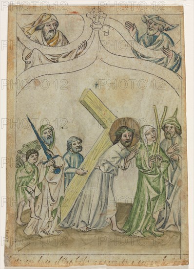 Single Leaf from a "Biblia Pauperum": Christ Crowned with Thorns (recto) Christ Carrying the Cross (verso), c. 1410. Germany, Bavaria, 15th century. Ink and tempera on vellum; sheet: 19.8 x 14.2 cm (7 13/16 x 5 9/16 in.)