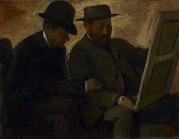 Paul Lafond and Alphonse Cherfils Examining a Painting, c. 1878-1880. Edgar Degas (French, 1834-1917). Oil on wood panel; framed: 42.5 x 50 x 6 cm (16 3/4 x 19 11/16 x 2 3/8 in.); unframed: 27 x 34 cm (10 5/8 x 13 3/8 in.).