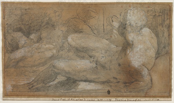 Three Male Nudes, c. 1540-1547. Domenico Beccafumi (Italian, 1486-1551). Black chalk or charcoal (stumped in places), with traces of brush and black chalk wash, heightened with white; incised, framing lines in black chalk or charcoal  (top and bottom), on light brown laid paper (discolored), laid down on a secondary support (not visible), laid on a tertiary support of laid paper; sheet: 23.2 x 41.7 cm (9 1/8 x 16 7/16 in.); secondary support: 23.2 x 41.9 cm (9 1/8 x 16 1/2 in.); tertiary support: 24.8 x 42.7 cm (9 3/4 x 16 13/16 in.).