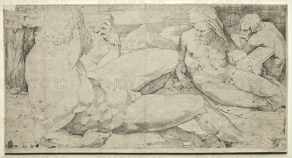Three Male Nudes, second quarter 1500s. Domenico Beccafumi (Italian, 1486-1551). Engraving; sheet: 21.7 x 41 cm (8 9/16 x 16 1/8 in.); platemark: 20.8 x 40.5 cm (8 3/16 x 15 15/16 in.)