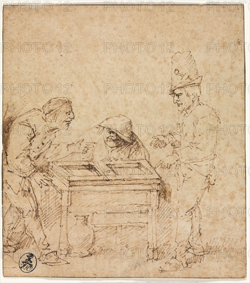 The Tric-Trac Players, c. 1660. Philips de Koninck (Dutch, 1619-1688). Reed pen and brown ink (with  brush and brown wash behind left figure); framing lines in brown ink; sheet: 18.8 x 16.7 cm (7 3/8 x 6 9/16 in.).