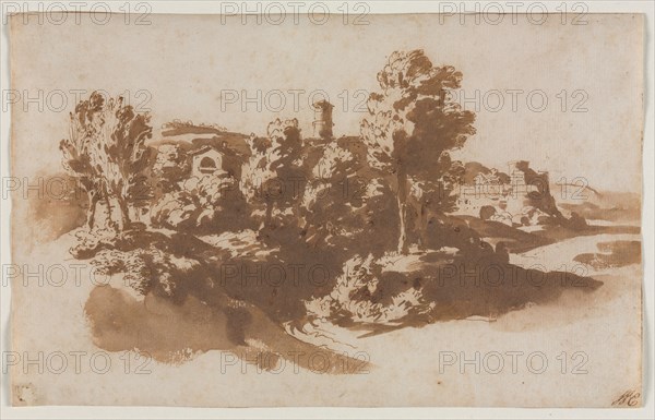 Landscape with Fortification Between Marino and Frascati, c. 1650. Jacob van der Ulft (Dutch, 1627-1689), or Gaspard Dughet (French, 1615-1675), possibly by Nicolas Poussin (French, 1594-1665). Pen and brown ink and brush and brown wash; sheet: 12.3 x 20.3 cm (4 13/16 x 8 in.).