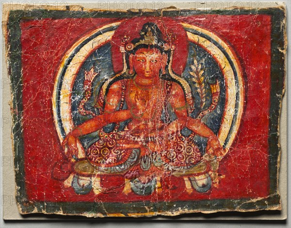 Four-armed Maitreya, c. 1200. Western Tibet  [or Kashmir (?)], Guge School (?), c. early 13th century. Color and varnish on paper (manuscript fragment); overall: 6.8 x 9 cm (2 11/16 x 3 9/16 in.).