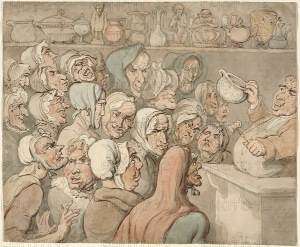 Old Maids at a Sale of Curiosities. Thomas Rowlandson (British, 1756-1827). Pen and brown and gray ink and watercolor wash