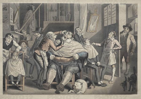 A Barber's Shop. After Thomas Rowlandson (British, 1756-1827). Etching and aquatint, hand colored