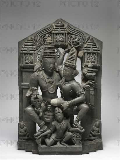 Vishnu and Shri Supported by Garuda, 1000s-1100s. Western India, Karnataka, 11th-12th century. Volcanic Deccan trap; overall: 84.5 x 55.9 cm (33 1/4 x 22 in.).
