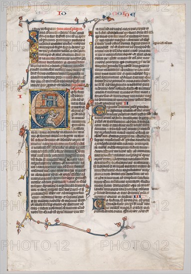 Single Leaf from a Bible: Initial E[t factum est] with Jonah Swallowed by the Whale, c. 1290. France, Paris, 13th century. Ink, tempera, and gold on vellum; sheet: 26.7 x 40.3 cm (10 1/2 x 15 7/8 in.)
