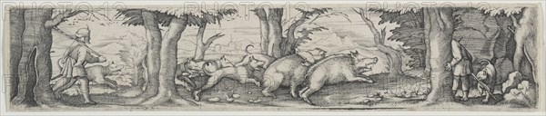Boar Hunt. Virgilius Solis (German, 1514-1562). Engraving
