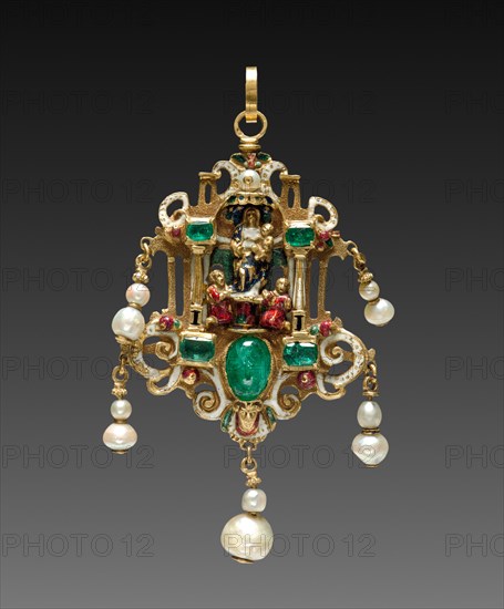 Pendant with Virgin and Child with Saints (obverse), late 1500s. Italy, late 16th century. Enameled gold with pearls and emeralds; overall: 7.3 cm (2 7/8 in.).