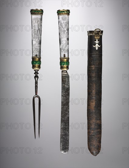 Knife and Fork with Sheath Set, late 1500s. Italy, Venice, late 16th century. Gold, enamel, crystal, steel, leather; average: 18.3 cm (7 3/16 in.).
