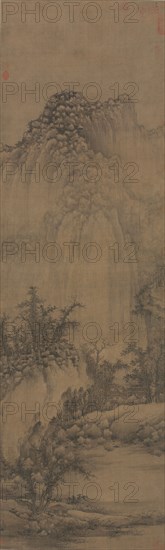 Buddhist Retreat by Stream and Mountains, 960-985. Juran (Chinese, act. 960-985). Hanging scroll, ink on silk; painting only: 184.5 x 56.1 cm (72 5/8 x 22 1/16 in.); overall: 260.5 x 68 cm (102 9/16 x 26 3/4 in.).