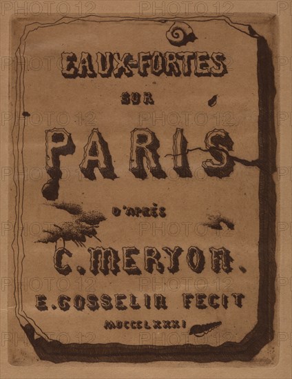 Titre des Eaux-fortes sur Paris:  Cover, 1871. Edmond Gosselin (French). Etching