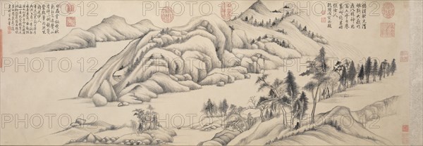River and Mountains on a Clear Autumn Day, c. 1624-1627. Dong Qichang (Chinese, 1555-1636). Handscroll, ink on Korean paper; painting only: 38.4 x 136.8 cm (15 1/8 x 53 7/8 in.).