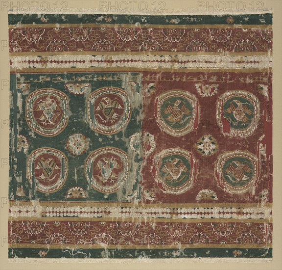 Pillow cover with Arabic inscription, 800s. Egypt, al-Bahnasa. Tapestry weave: wool and linen; mounted: 93.3 x 95.9 cm (36 3/4 x 37 3/4 in.); overall: 80 x 83.2 cm (31 1/2 x 32 3/4 in.)