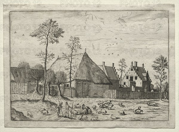 View of Villages in Brabant and Campine: Shepherds with Flock, c. 1559. After Master of the Small Landscapes (Flemish). Etching and engraving