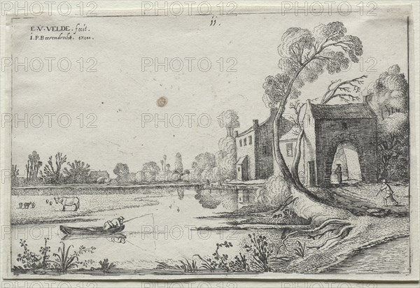 Landscape with a River and a  Gatehouse, 1614. Van de Velde Esaias (Dutch, 1587-1630). Etching
