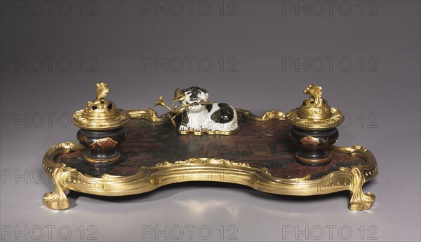 Inkstand,  c. 1745-1749. France, mid-18th century. Ormolu and lacquer; overall: 12.7 x 38.1 x 29.9 cm (5 x 15 x 11 3/4 in.).