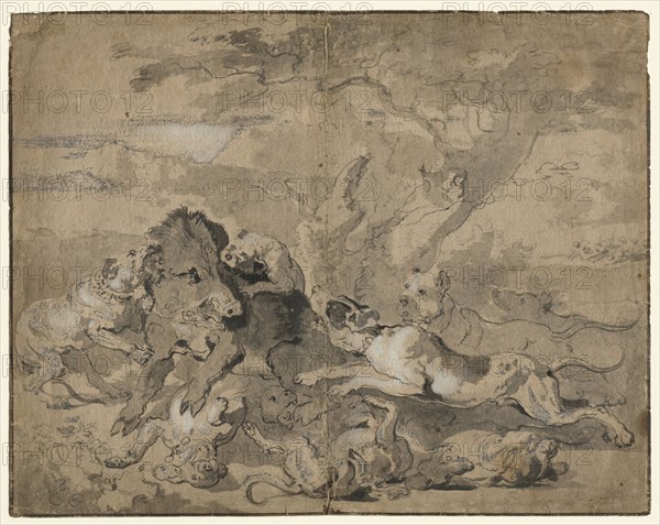 Boar Hunt, c. 1672. Abraham Hondius (Dutch, c. 1625-1695). Pen and black ink and brush and black and gray wash heightened with lead white (partially oxidized); framing lines in black and brown ink; sheet: 41.9 x 52.5 cm (16 1/2 x 20 11/16 in.); secondary support: 41.9 x 52.5 cm (16 1/2 x 20 11/16 in.).