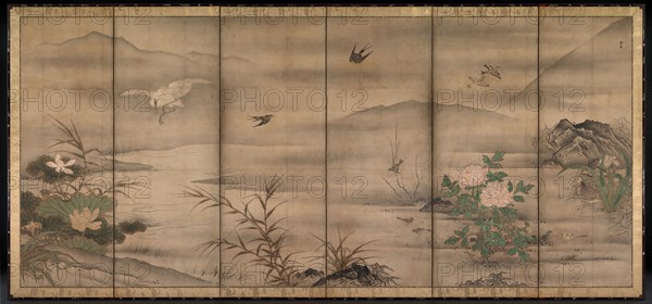 Birds and Flowers in a Landscape of the Four Seasons, second half of the 1500s. Follower of Sesshu Toyo (Japanese, 1420-1506). Six-panel folding screen, ink and color on paper; image: 158.5 x 359.4 cm (62 3/8 x 141 1/2 in.); overall: 175.2 x 374.4 cm (69 x 147 3/8 in.).