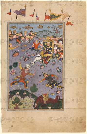 Rustam meets the challenge of Ashkabus, from a Shah-nama (Book of Kings) of Firdausi (Persian, about 934–1020), c. 1590-1600. Iran, Shiraz, Safavid Period, 16th century. Opaque watercolor and gold on paper; overall: 31 x 20.1 cm (12 3/16 x 7 15/16 in.); text area: 25.4 x 15.7 cm (10 x 6 3/16 in.).