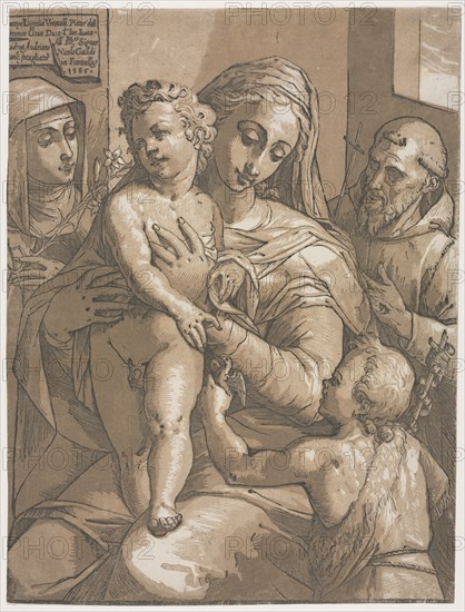 Virgin and Child with St. John, St. Catherine of Siena and St. Francis, 1585. Andrea Andreani (Italian, about 1558–1610), after Jacopo Ligozzi (Italian, 1547-1626). Chiaroscuro woodcut