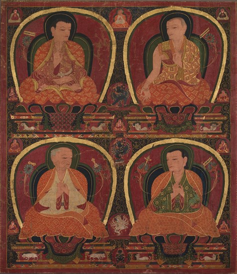 Four Seated Masters, c. 1450. Central Tibet, Ngor monastery, 15th century. Opaque watercolor, ink, and gold on cotton; overall: 57.7 x 52 cm (22 11/16 x 20 1/2 in.).